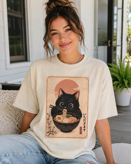 Black Cat Ramen Shirt, Cute Noodle Cat Tee, Japanese Food Shirt, Cat Lover Gift, Kawaii Comfort Colors T-Shirt