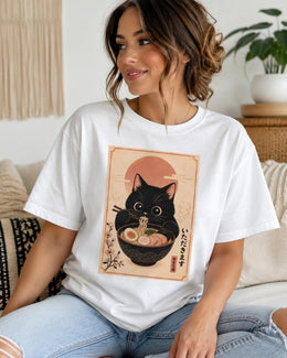 Black Cat Ramen Shirt, Cute Noodle Cat Tee, Japanese Food Shirt, Cat Lover Gift, Kawaii Comfort Colors T-Shirt
