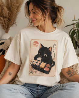 Black Cat Sushi Shirt, Cute Sushi Cat Tee, Japanese Food Shirt, Cat Lover Gift, Kawaii Comfort Colors T-Shirt