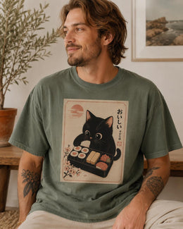 Black Cat Sushi Shirt, Cute Sushi Cat Tee, Japanese Food Shirt, Cat Lover Gift, Kawaii Comfort Colors T-Shirt