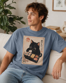 Black Cat Sushi Shirt, Cute Sushi Cat Tee, Japanese Food Shirt, Cat Lover Gift, Kawaii Comfort Colors T-Shirt