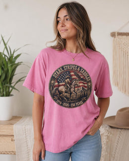 Stars Stripes Saddles Shirt, USA 250 Years Tee, Patriotic Western Horse Comfort Colors T-Shirt, 1776 Gift