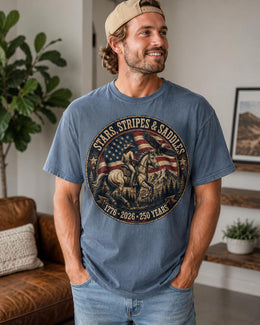 Stars Stripes Saddles Shirt, USA 250 Years Tee, Patriotic Western Horse Comfort Colors T-Shirt, 1776 Gift