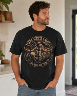 Stars Stripes Saddles Shirt, USA 250 Years Tee, Patriotic Western Horse Comfort Colors T-Shirt, 1776 Gift