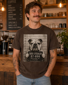 Sock Stealer Bulldog Shirt, Funny Dog Mugshot Tee, Cute Pet Comfort Colors T-Shirt, Bulldog Lover Gift