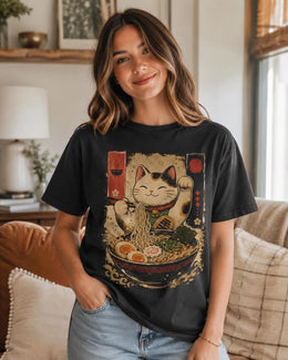 Lucky Cat Ramen Shirt, Maneki Neko Noodle Tee, Japanese Foodie Comfort Colors T-Shirt, Cute Cat Lover Gift