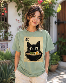 Ramen Cat Shirt, Cute Black Cat Noodle Tee, Japanese Food Comfort Colors T-Shirt, Kawaii Cat Lover Gift