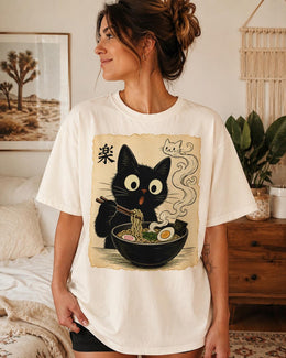 Ramen Cat Shirt, Cute Black Cat Noodle Tee, Japanese Food Comfort Colors T-Shirt, Kawaii Cat Lover Gift