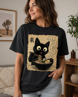 Ramen Cat Shirt, Cute Black Cat Noodle Tee, Japanese Food Comfort Colors T-Shirt, Kawaii Cat Lover Gift