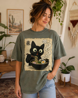 Ramen Cat Shirt, Cute Black Cat Noodle Tee, Japanese Food Comfort Colors T-Shirt, Kawaii Cat Lover Gift