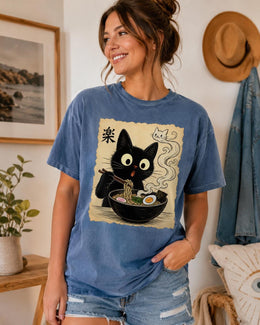 Ramen Cat Shirt, Cute Black Cat Noodle Tee, Japanese Food Comfort Colors T-Shirt, Kawaii Cat Lover Gift