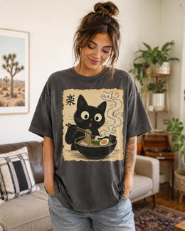 Ramen Cat Shirt, Cute Black Cat Noodle Tee, Japanese Food Comfort Colors T-Shirt, Kawaii Cat Lover Gift