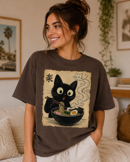 Ramen Cat Shirt, Cute Black Cat Noodle Tee, Japanese Food Comfort Colors T-Shirt, Kawaii Cat Lover Gift