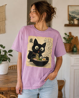 Ramen Cat Shirt, Cute Black Cat Noodle Tee, Japanese Food Comfort Colors T-Shirt, Kawaii Cat Lover Gift