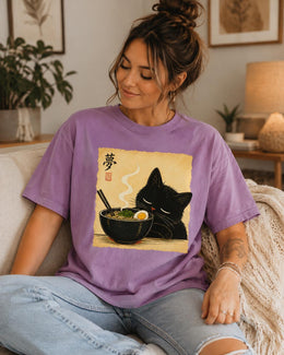 Sleepy Ramen Cat Shirt, Cute Black Cat Noodle Tee, Japanese Food Comfort Colors T-Shirt, Kawaii Cat Lover Gift