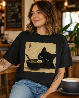 Sleepy Ramen Cat Shirt, Cute Black Cat Noodle Tee, Japanese Food Comfort Colors T-Shirt, Kawaii Cat Lover Gift