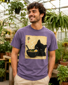 Sleepy Ramen Cat Shirt, Cute Black Cat Noodle Tee, Japanese Food Comfort Colors T-Shirt, Kawaii Cat Lover Gift