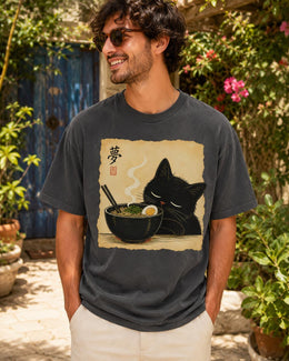 Sleepy Ramen Cat Shirt, Cute Black Cat Noodle Tee, Japanese Food Comfort Colors T-Shirt, Kawaii Cat Lover Gift