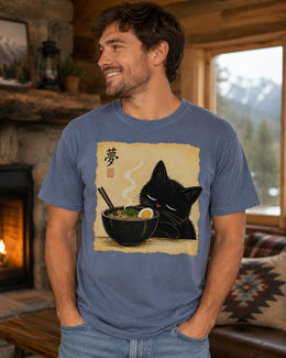 Sleepy Ramen Cat Shirt, Cute Black Cat Noodle Tee, Japanese Food Comfort Colors T-Shirt, Kawaii Cat Lover Gift