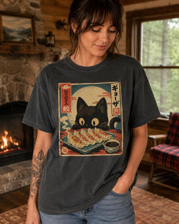 Gyoza Cat Shirt, Cute Black Cat Dumpling Tee, Japanese Food Comfort Colors T-Shirt, Kawaii Cat Lover Gift