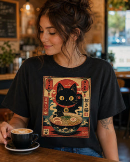 Lucky Ramen Cat Shirt, Cute Black Cat Noodle Tee, Japanese Food Comfort Colors T-Shirt, Kawaii Cat Lover Gift