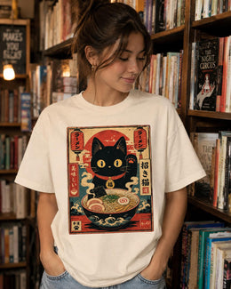 Lucky Ramen Cat Shirt, Cute Black Cat Noodle Tee, Japanese Food Comfort Colors T-Shirt, Kawaii Cat Lover Gift