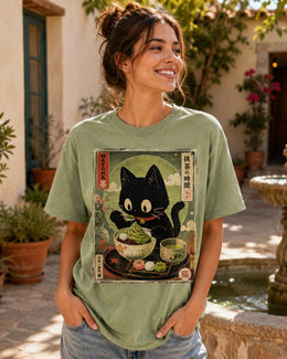 Matcha Cat Shirt, Cute Black Cat Japanese Dessert Tee, Kawaii Comfort Colors T-Shirt, Green Tea Lover Gift