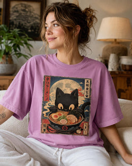 Spicy Ramen Cat Shirt, Cute Black Cat Noodle Tee, Japanese Food Comfort Colors T-Shirt, Kawaii Cat Lover Gift