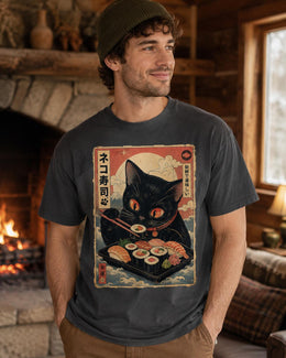 Sushi Cat Shirt, Cute Black Cat Japanese Food Tee, Kawaii Comfort Colors T-Shirt, Sushi Lover Gift