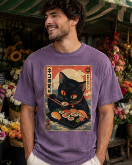 Sushi Cat Shirt, Cute Black Cat Japanese Food Tee, Kawaii Comfort Colors T-Shirt, Sushi Lover Gift