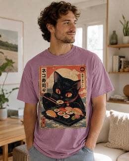 Sushi Cat Shirt, Cute Black Cat Japanese Food Tee, Kawaii Comfort Colors T-Shirt, Sushi Lover Gift