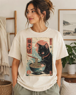Soba Cat Shirt, Cute Black Cat Japanese Noodle Tee, Kawaii Comfort Colors T-Shirt, Noodle Lover Gift