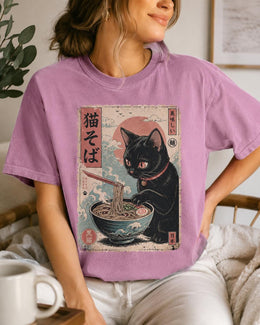 Soba Cat Shirt, Cute Black Cat Japanese Noodle Tee, Kawaii Comfort Colors T-Shirt, Noodle Lover Gift