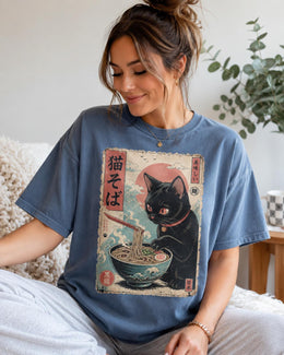 Soba Cat Shirt, Cute Black Cat Japanese Noodle Tee, Kawaii Comfort Colors T-Shirt, Noodle Lover Gift