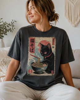 Soba Cat Shirt, Cute Black Cat Japanese Noodle Tee, Kawaii Comfort Colors T-Shirt, Noodle Lover Gift