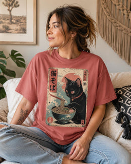 Soba Cat Shirt, Cute Black Cat Japanese Noodle Tee, Kawaii Comfort Colors T-Shirt, Noodle Lover Gift