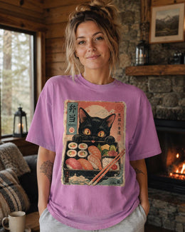 Bento Cat Shirt, Cute Black Cat Sushi Box Tee, Japanese Food Comfort Colors T-Shirt, Kawaii Cat Lover Gift
