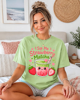 Sip Me Strawberry Matcha Shirt, Cute Kawaii Drink Tee, Matcha Lover Comfort Colors T-Shirt, Cafe Gift