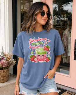 Strawberry Matcha Mood Shirt, Cute Kawaii Drink Tee, Matcha Lover Comfort Colors T-Shirt, Cafe Gift