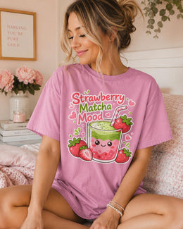 Strawberry Matcha Mood Shirt, Cute Kawaii Drink Tee, Matcha Lover Comfort Colors T-Shirt, Cafe Gift