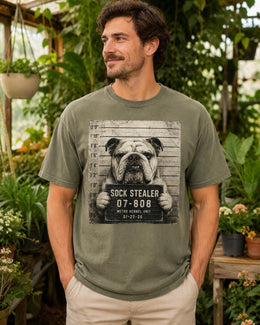 Sock Stealer Bulldog Shirt, Funny Dog Mugshot Tee, Cute Pet Comfort Colors T-Shirt, Bulldog Lover Gift