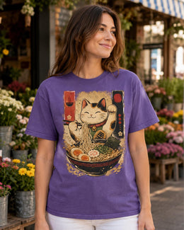 Lucky Cat Ramen Shirt, Maneki Neko Noodle Tee, Japanese Foodie Comfort Colors T-Shirt, Cute Cat Lover Gift