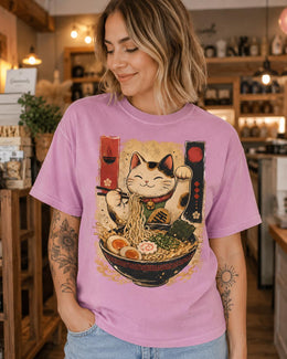 Lucky Cat Ramen Shirt, Maneki Neko Noodle Tee, Japanese Foodie Comfort Colors T-Shirt, Cute Cat Lover Gift