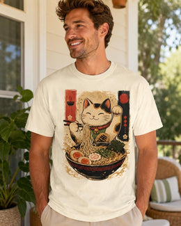 Lucky Cat Ramen Shirt, Maneki Neko Noodle Tee, Japanese Foodie Comfort Colors T-Shirt, Cute Cat Lover Gift