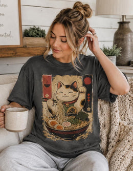 Lucky Cat Ramen Shirt, Maneki Neko Noodle Tee, Japanese Foodie Comfort Colors T-Shirt, Cute Cat Lover Gift