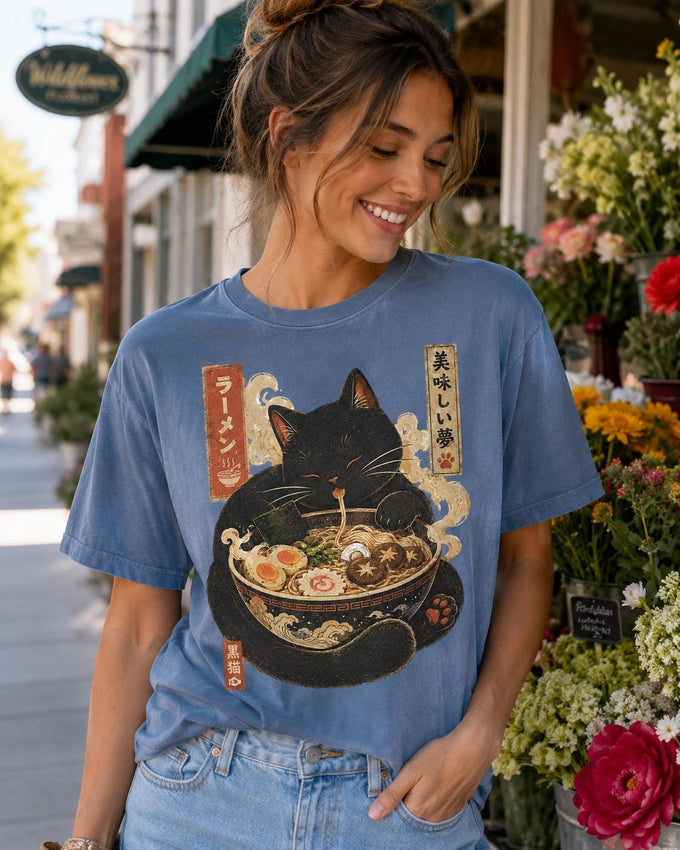 Sleepy Black Cat Ramen Shirt