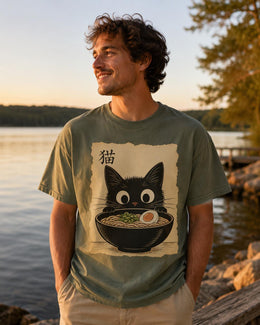 Ramen Cat Shirt, Cute Black Cat Noodle Tee, Japanese Food Comfort Colors T-Shirt, Kawaii Cat Lover Gift