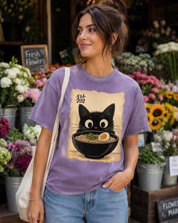 Ramen Cat Shirt, Cute Black Cat Noodle Tee, Japanese Food Comfort Colors T-Shirt, Kawaii Cat Lover Gift