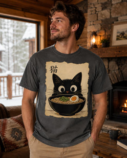 Ramen Cat Shirt, Cute Black Cat Noodle Tee, Japanese Food Comfort Colors T-Shirt, Kawaii Cat Lover Gift