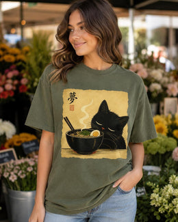 Sleepy Ramen Cat Shirt, Cute Black Cat Noodle Tee, Japanese Food Comfort Colors T-Shirt, Kawaii Cat Lover Gift